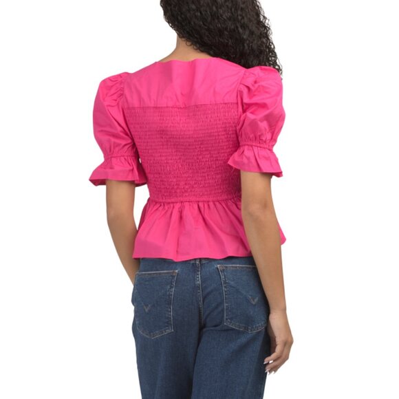 SUGAR LIPS Fuschia Tie Neck Smocked Top Blouse - Picture 2 of 2